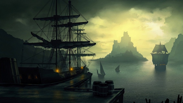 Old ship docked near a misty island with a castle