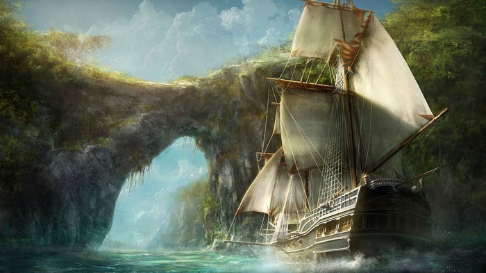 Pirate ship sailing through a rocky archway