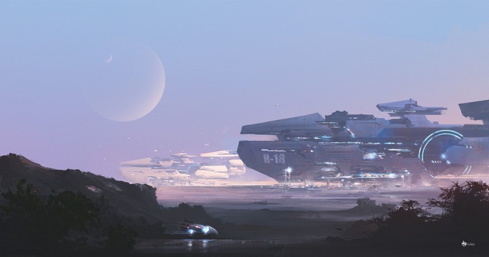 Science fiction spaceships docked at a futuristic port