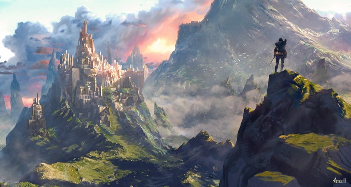 Fantasy castle city on a mountain with a traveler