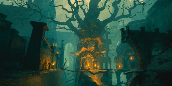 Fantasy art of a dark, ancient tree and ruins