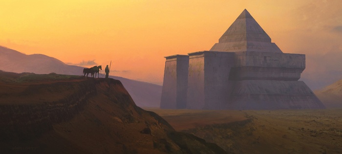 Fantasy pyramid in a desert landscape at sunset