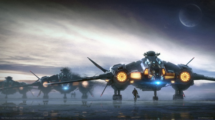 Star Citizen Vanguard military aircraft on a wet surface