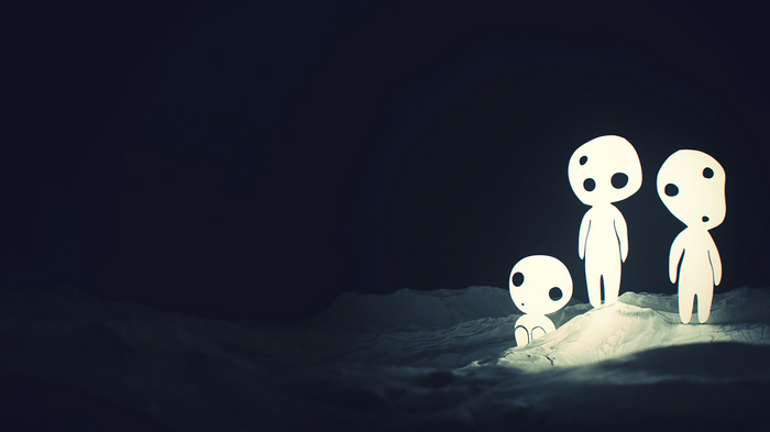 Princess Mononoke Kodama spirits on a dark landscape