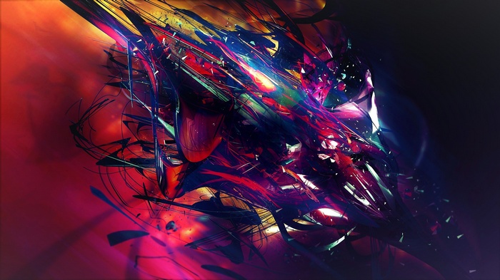 colorful, rainbows, 3D, blue, bright, pink, purple, digital art, dark, shards, abstract, green