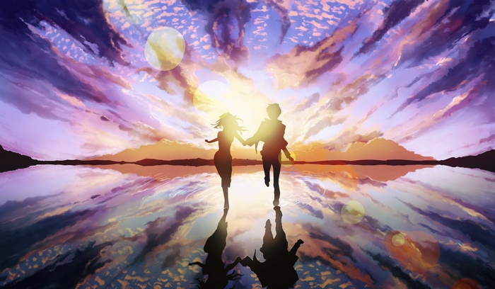 Anime couple running at sunset over water