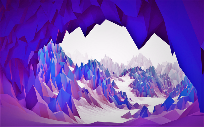 Abstract low-poly cave landscape with purple and blue mountains