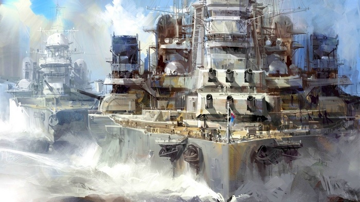 Two battleships sail through rough seas