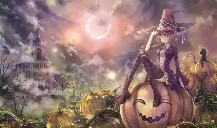 Anime witch girl on pumpkin with cat and castle