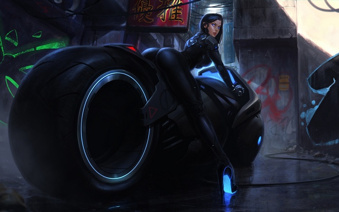 Woman in futuristic suit on a motorcycle