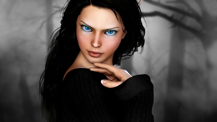 Fantasy art of a woman with blue eyes and black hair