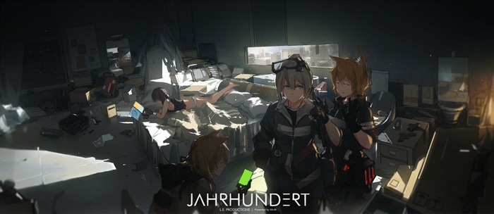 Anime characters in a messy room with a city view