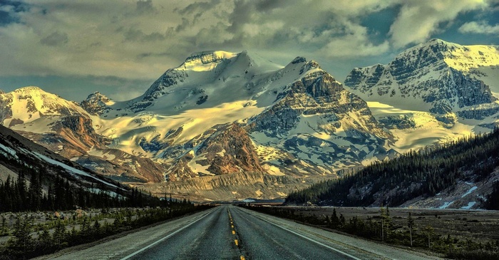 Snowy Mountains and Road in Alberta, Canada