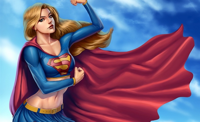 Supergirl artwork with red cape and blue costume
