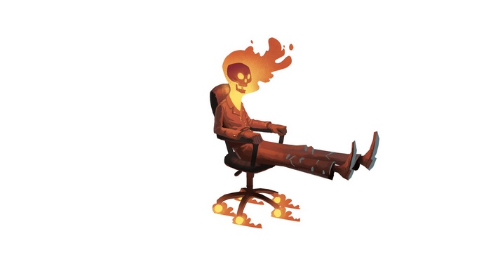 Ghost Rider sitting in an office chair with flaming skull