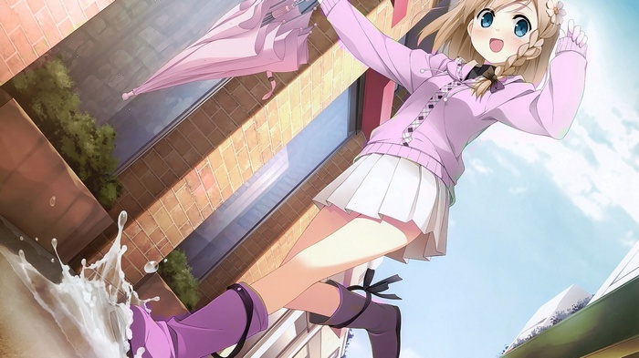 Yua (Your Diary) girl with pink umbrella in puddle