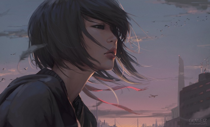 Artwork by GUWEIZ featuring a woman in a city at dusk