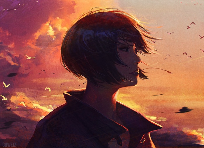 Girl watching the sunset with birds flying