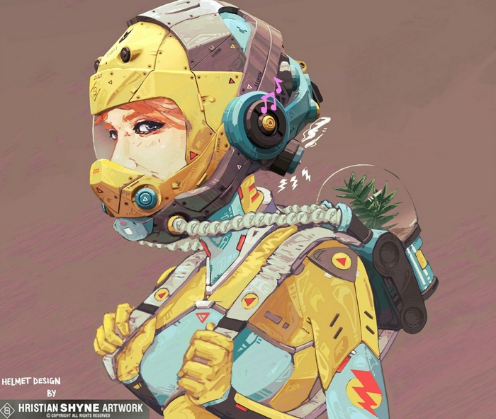 Artwork of a woman in a futuristic astronaut suit