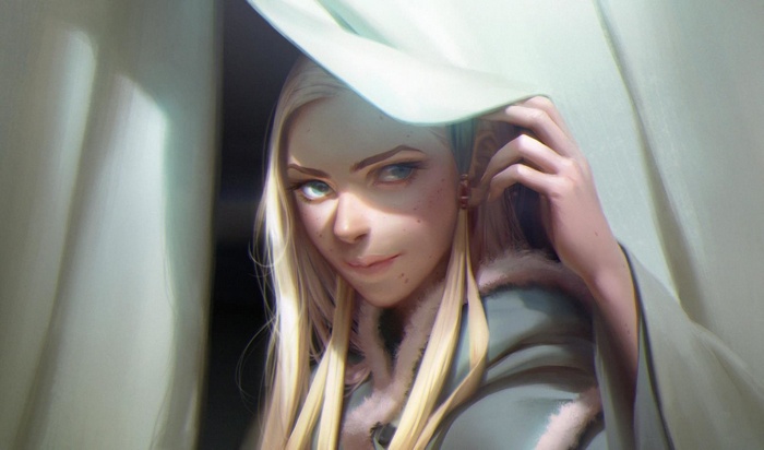 Fantasy art of a platinum blonde woman with green eyes