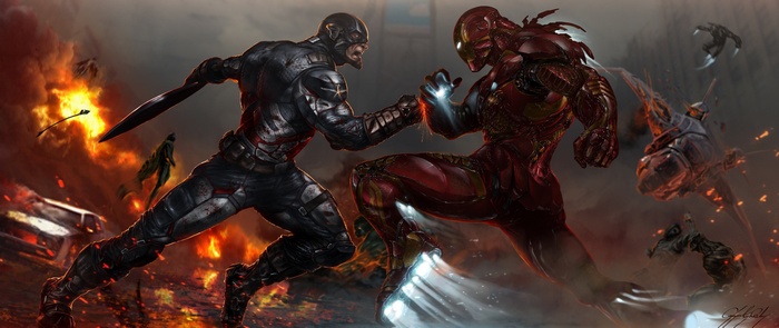 Captain America and Iron Man fighting amidst explosions