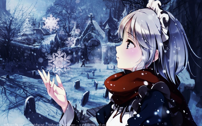 Izayoi Sakuya in a snowy cemetery with snowflakes