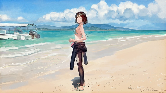 Anime girl in bikini and wetsuit on a beach with a boat