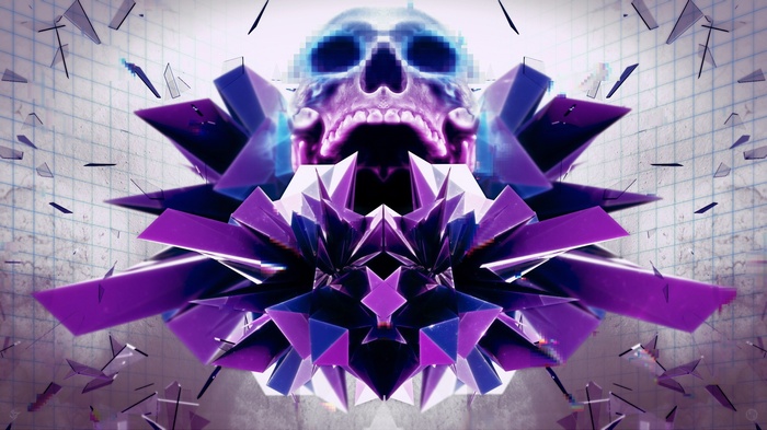 Pixelated Skull and Abstract Geometric Shapes
