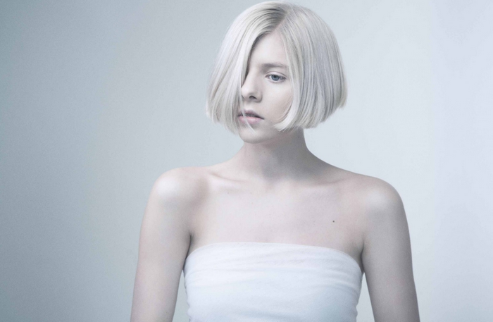 white dress, women, Aurora Aksnes, looking away, strapless dress, blue eyes, norwegian, musician, white hair, short hair
