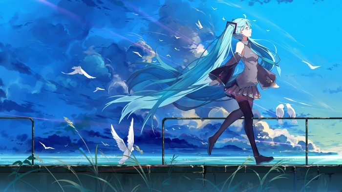 Hatsune Miku walking by the water with birds