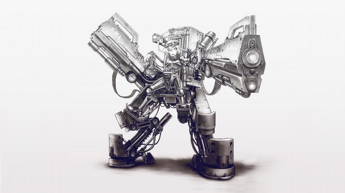 Girl in a mech suit with large guns