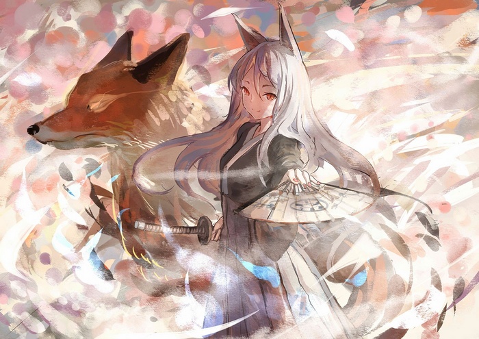 Kitsunemimi girl with fox and katana