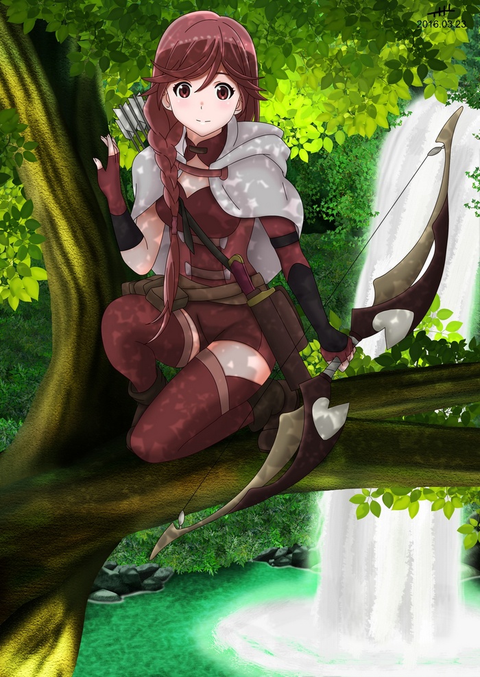 Anime girl with bow and arrow in forest