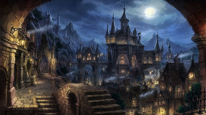 Fantasy city at night with a large castle