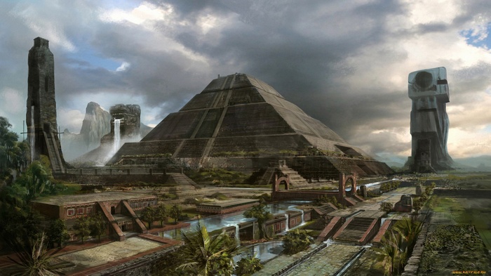 Fantasy pyramid complex with waterfalls and ancient structures