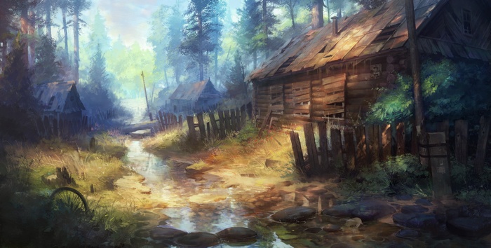 Apocalyptic village with a stream and dilapidated houses