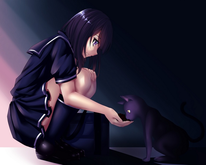 Anime girl in school uniform feeding a black cat