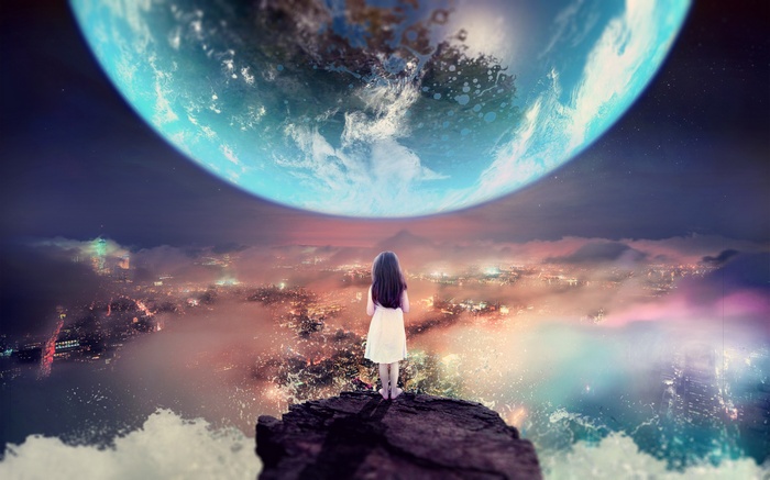 Girl on cliff overlooking Earth and city