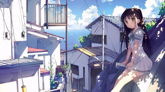Nagisa (Kantoku), anime girls, skirt, school uniform, Sunny, anime, legs, Kantoku, reading, ponytail, sea village, sitting, Afterschool of the 5th year