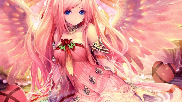 pink hair, blue eyes, Tachikawa Mushimaro, artwork, wings, anime girls, Shingeki no Bahamut, anime, long hair
