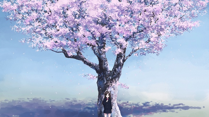 Anime girl in school uniform under a cherry blossom tree