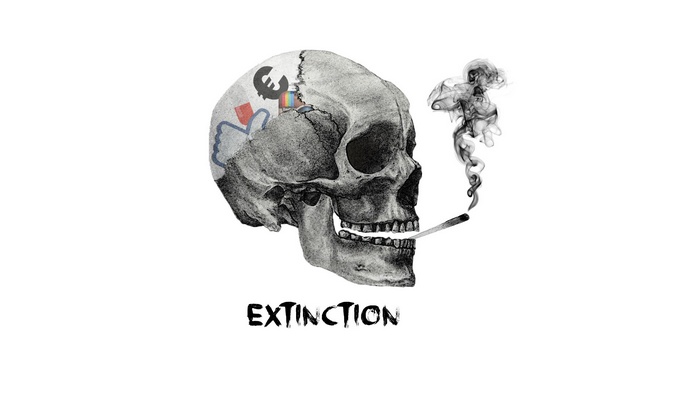 Skull with social media logos and smoking cigarette, extinction theme