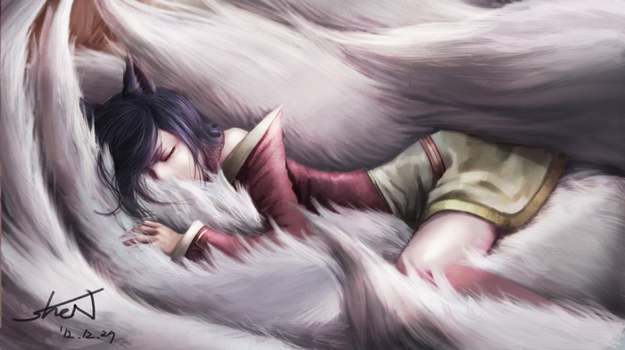 Ahri from League of Legends sleeping surrounded by her tails