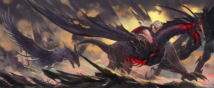 Anime girl riding a black dragon with red eyes