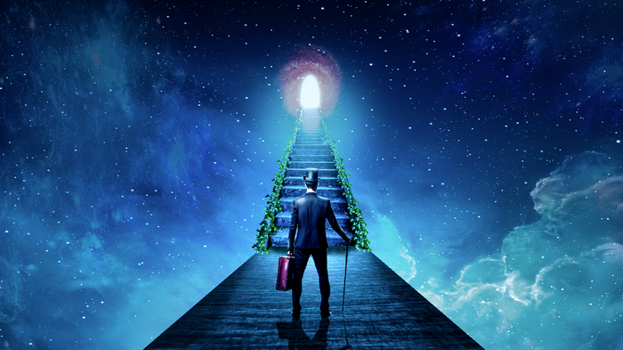 Man in suit walks up stairs to portal in space