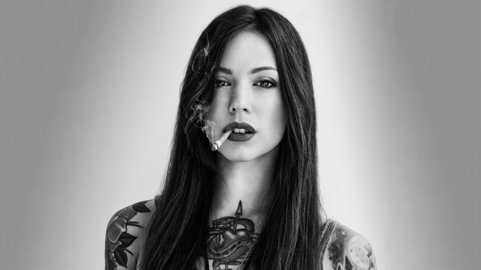 smoking, face, looking at viewer, monochrome, tattoo, women