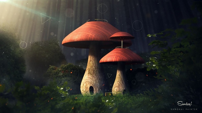 Fantasy forest with giant mushrooms and sun rays