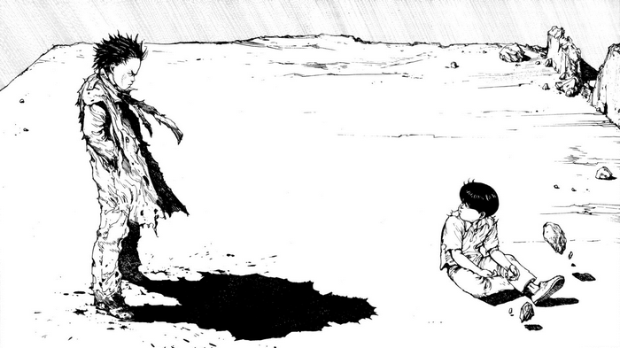 Akira manga panel with two boys in a desolate landscape
