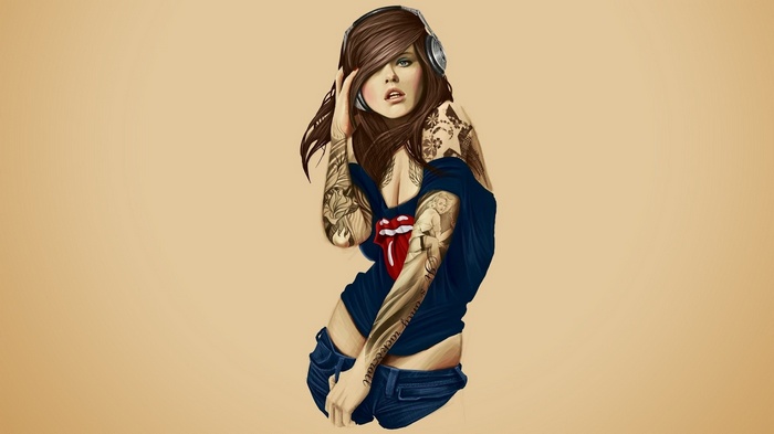 Woman with headphones and Rolling Stones tattoo