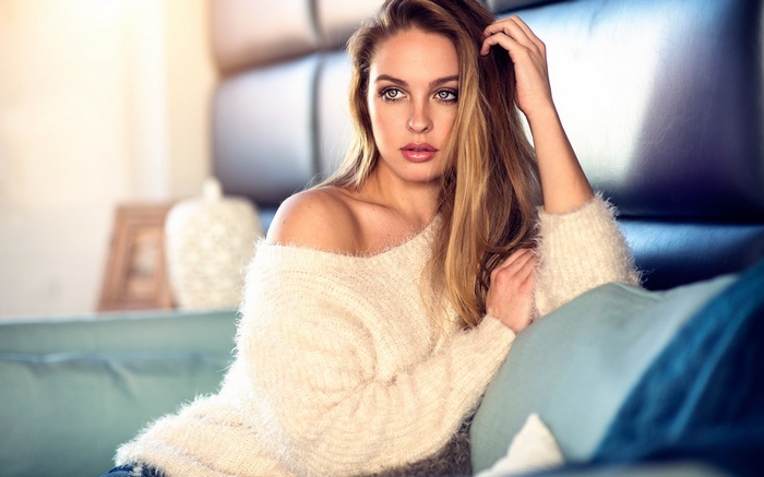 women, Dani Diamond, white sweater, blonde, sitting, sweater, touching hair, looking into the distance